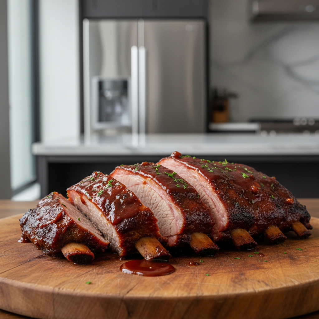 Tender fall off the bone pork ribs on a cutting board with bbq sauce