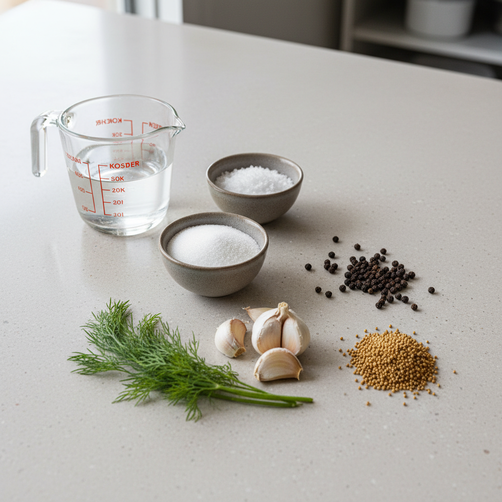 Pickling brine ingredients measured on a kitchen counter vinegar salt sugar