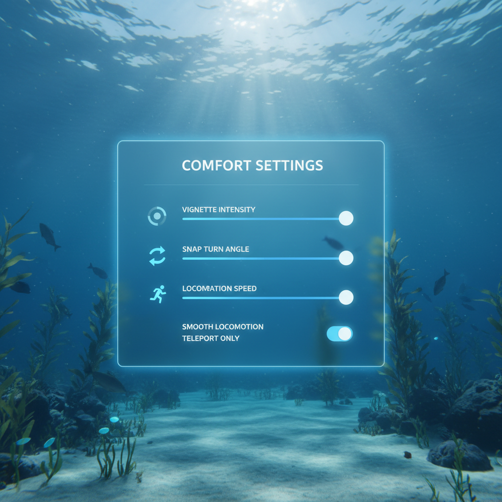 VR comfort settings menu showing vignette and snap turn options