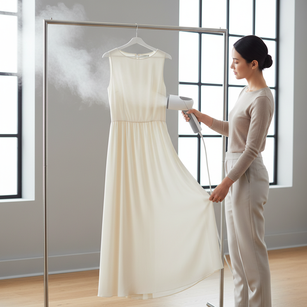 Steaming a dress on a hanger with proper tension and downward passes