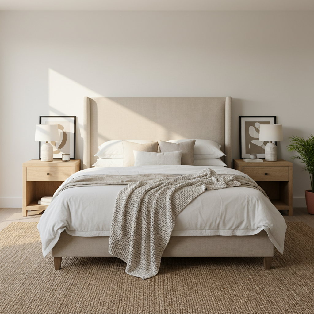 Neutral bedroom decor with soft bedding layers and minimal styling