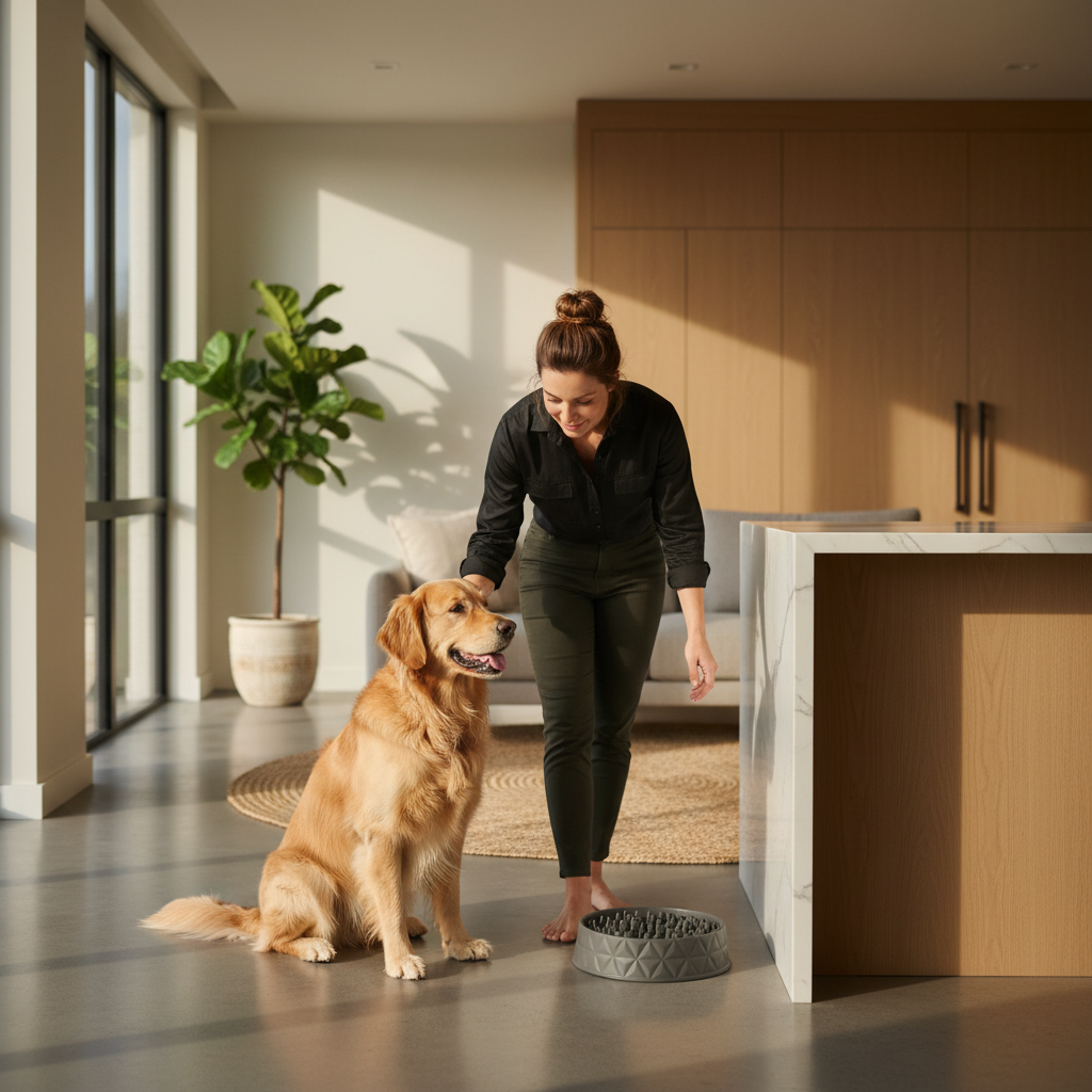 Owner introducing a slow feeder bowl during calm dog mealtime routine