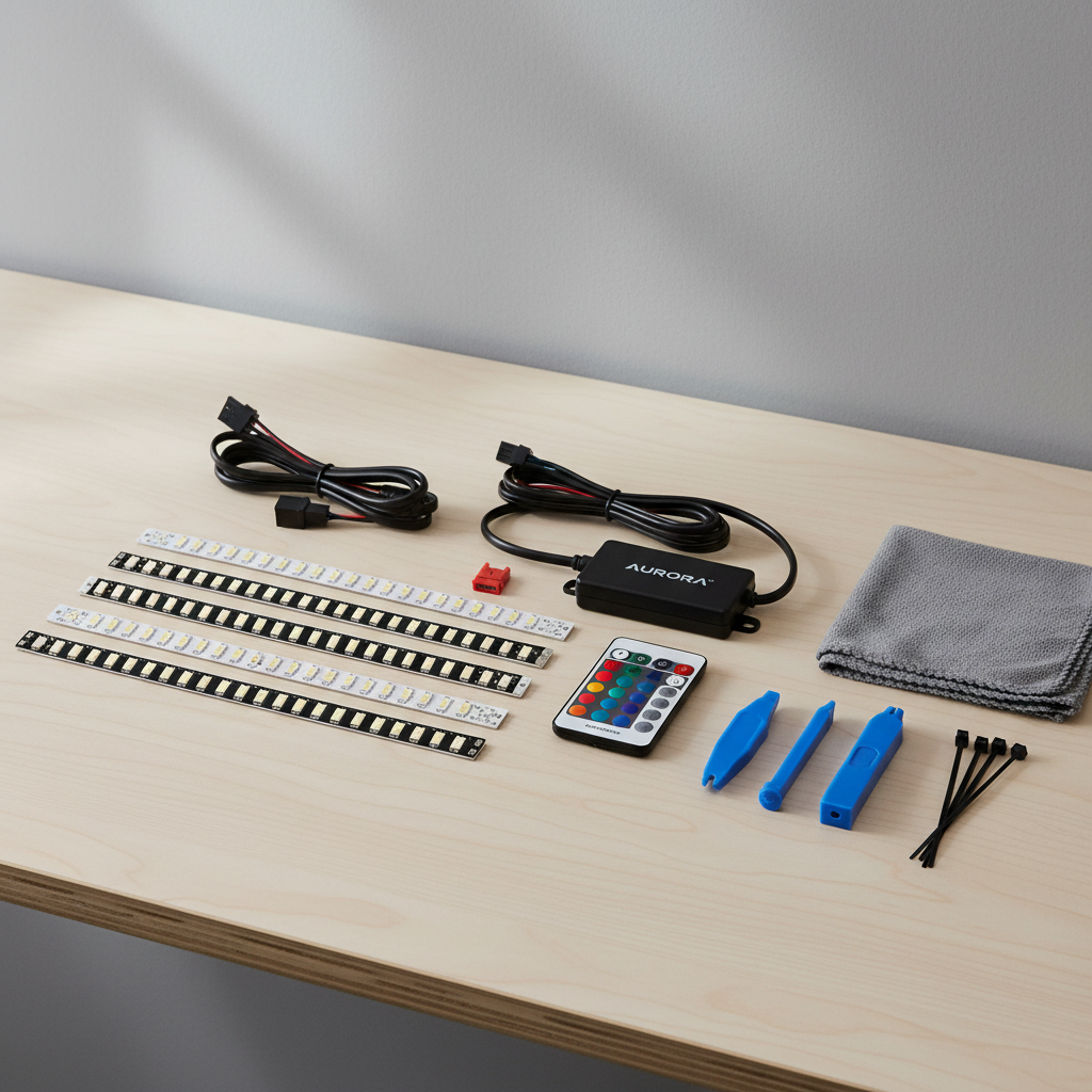 Car interior LED light kit laid out with strips, controller, fuse tap, and wiring tools