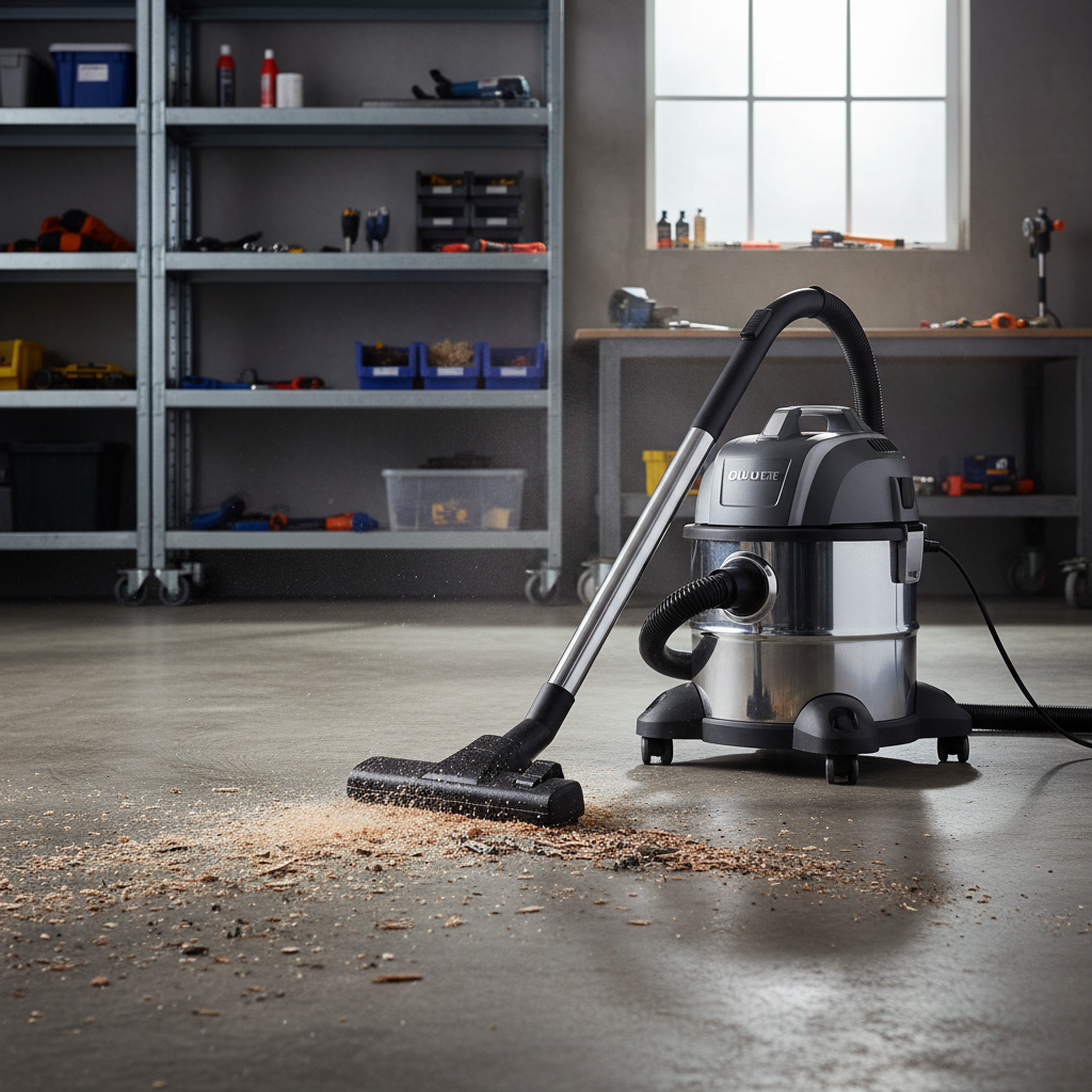 Wet dry vacuum cleaning sawdust and debris on a garage floor