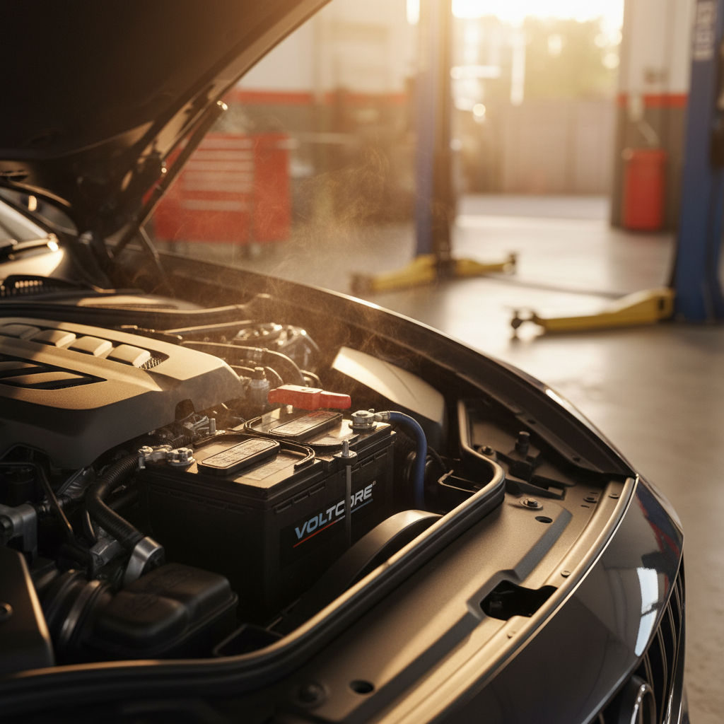 Car battery under the hood in extreme summer heat