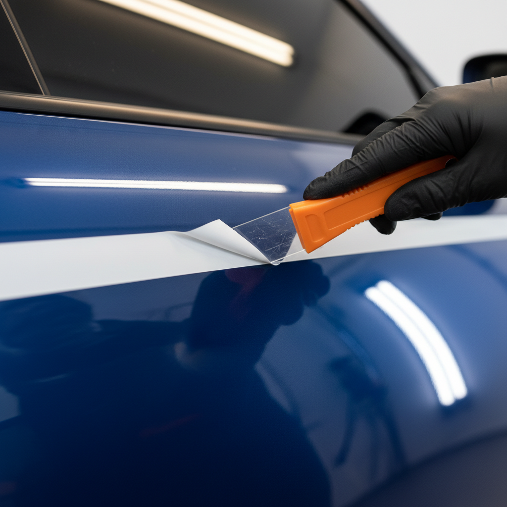 Using a plastic razor blade to lift a decal from car paint