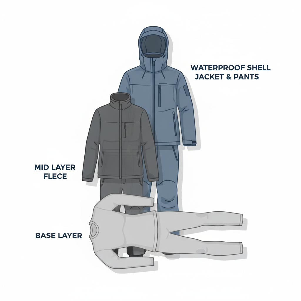 Ski clothing layering system for beginners showing base layer, mid layer, and waterproof shell