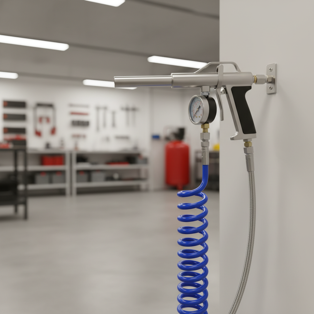 Air blow gun connected to air compressor with regulator and hose in a workshop