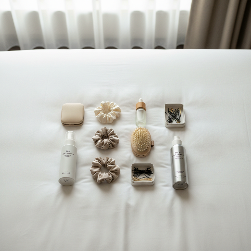 Minimal travel hair kit laid out on a hotel bed