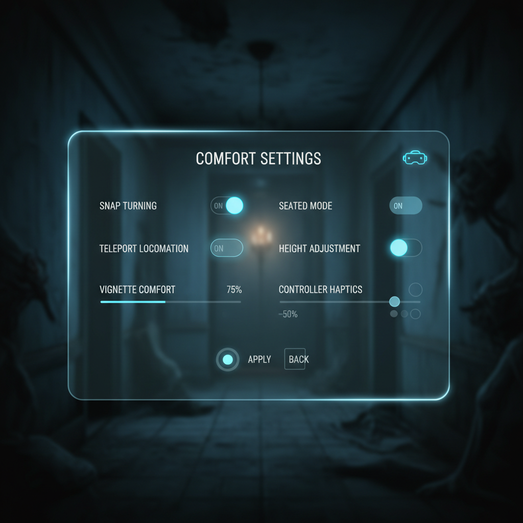 VR comfort settings screen with vignette and snap turn options