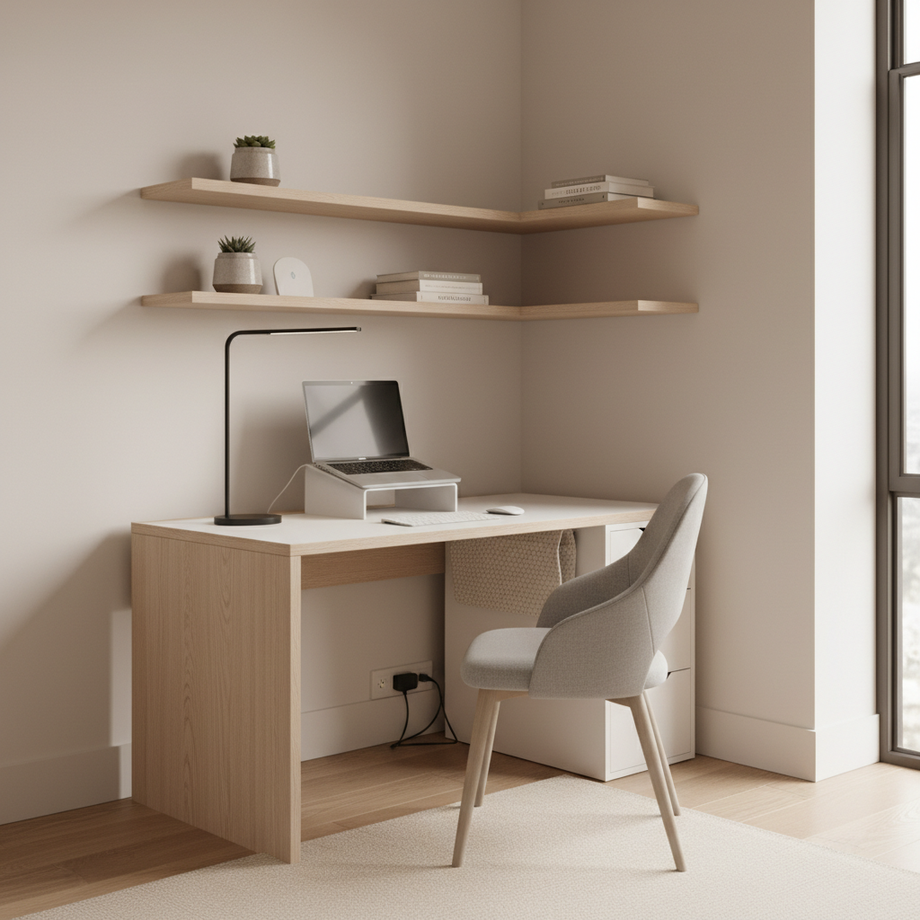 Tiny apartment corner desk setup with vertical storage
