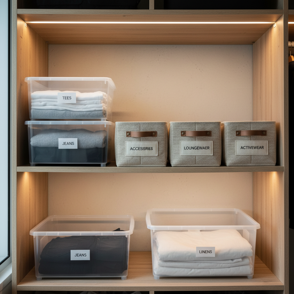 Closet shelf with a mix of clear bins and fabric bins labeled by category