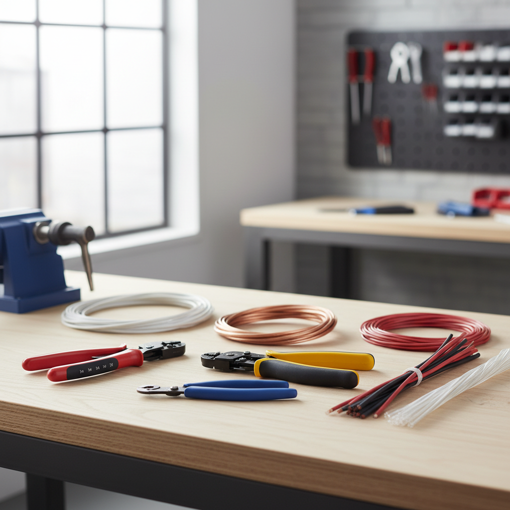 Wire stripping tools and common wire types laid out on a workbench