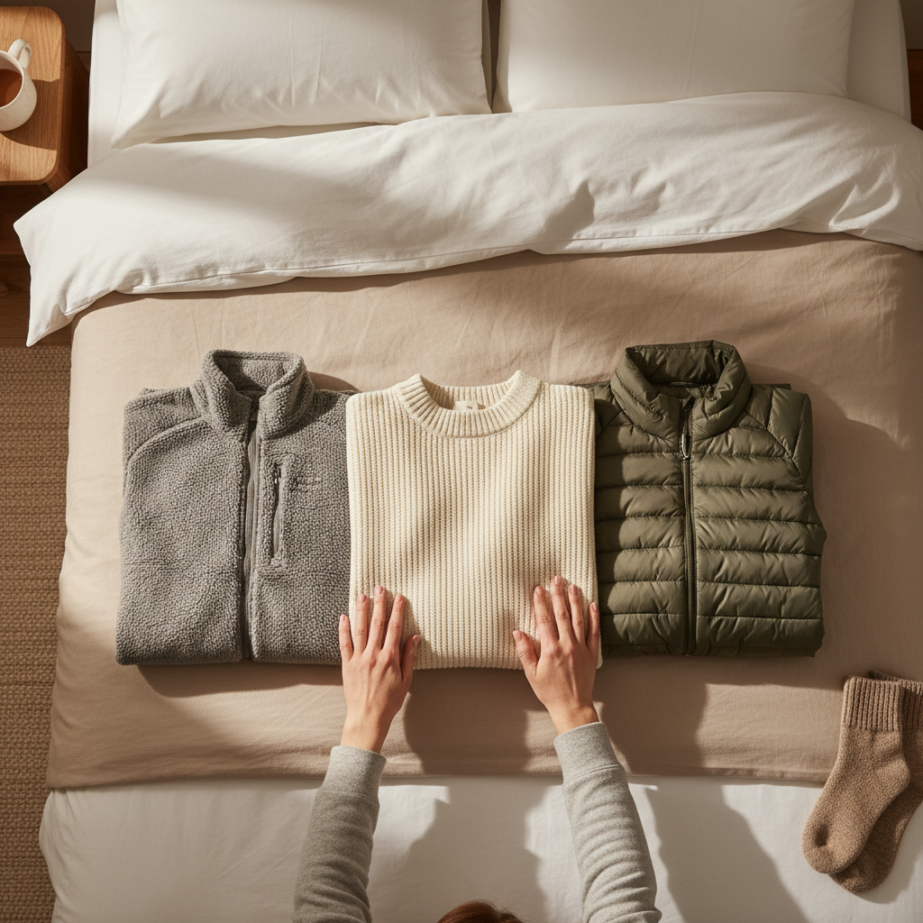 Person choosing fleece, wool, and puffy jackets for winter mid layers on a bed