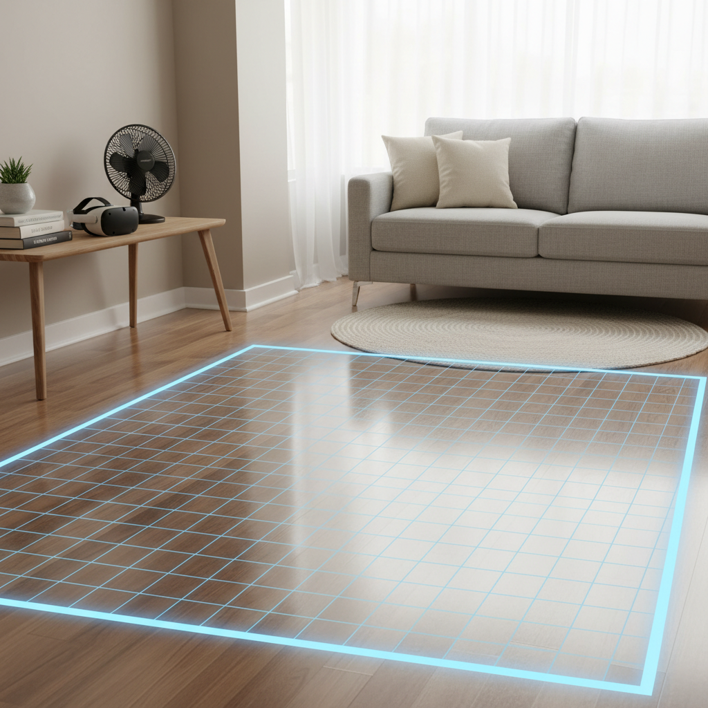 Safe VR play area setup with boundary lines, cleared floor, and fan for comfort during dinosaur VR games