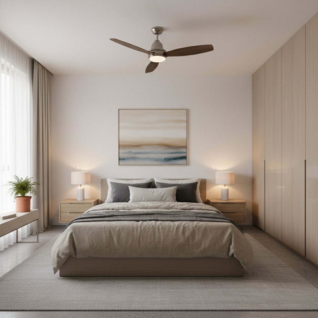 Small bedroom with a low-profile ceiling fan above the bed