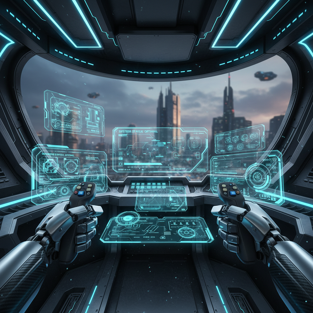 VR robot simulation cockpit view with mech control panels