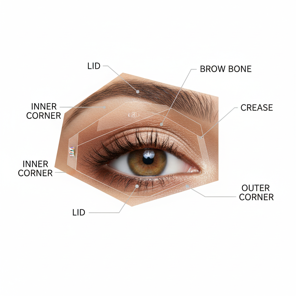 Beginner eyeshadow placement map showing lid crease and brow bone zones