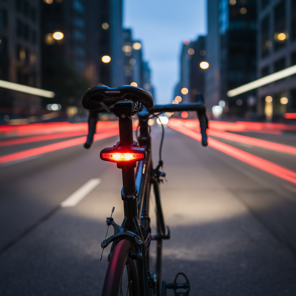 USB rechargeable bike tail light mounted on seatpost at dusk