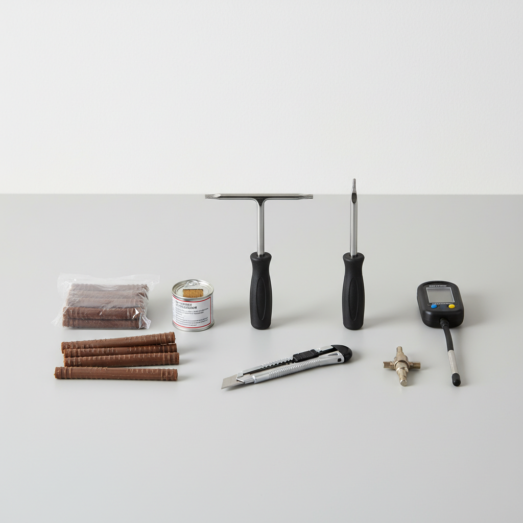 Flat lay of tire plug kit tools including reamer insertion tool plugs and pressure gauge