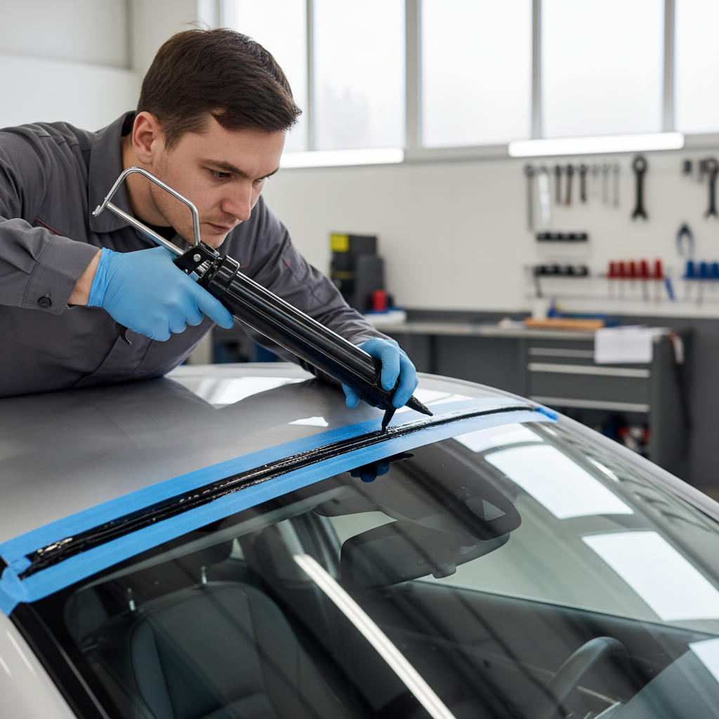 Technician applying sealant along windshield edge to stop a leak