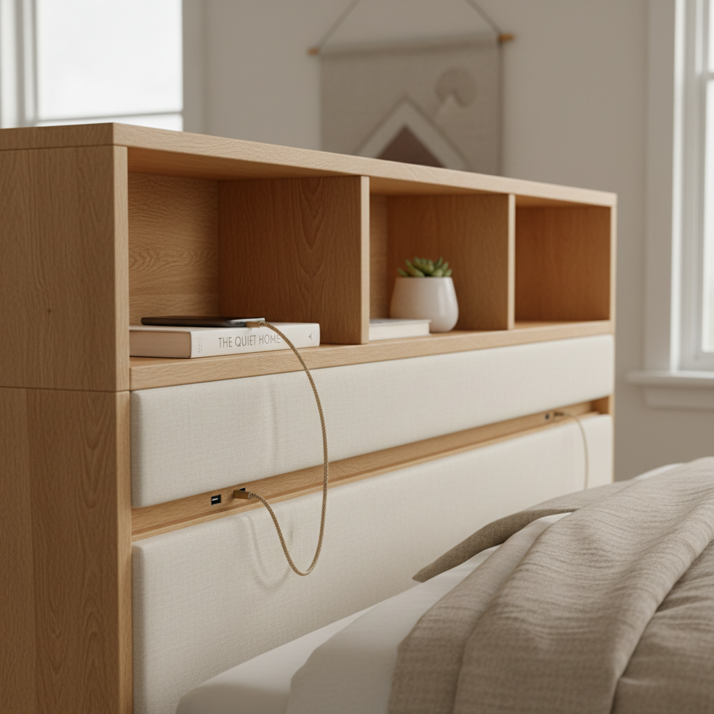 Close-up of a storage headboard with shelves, USB charging, and cable management