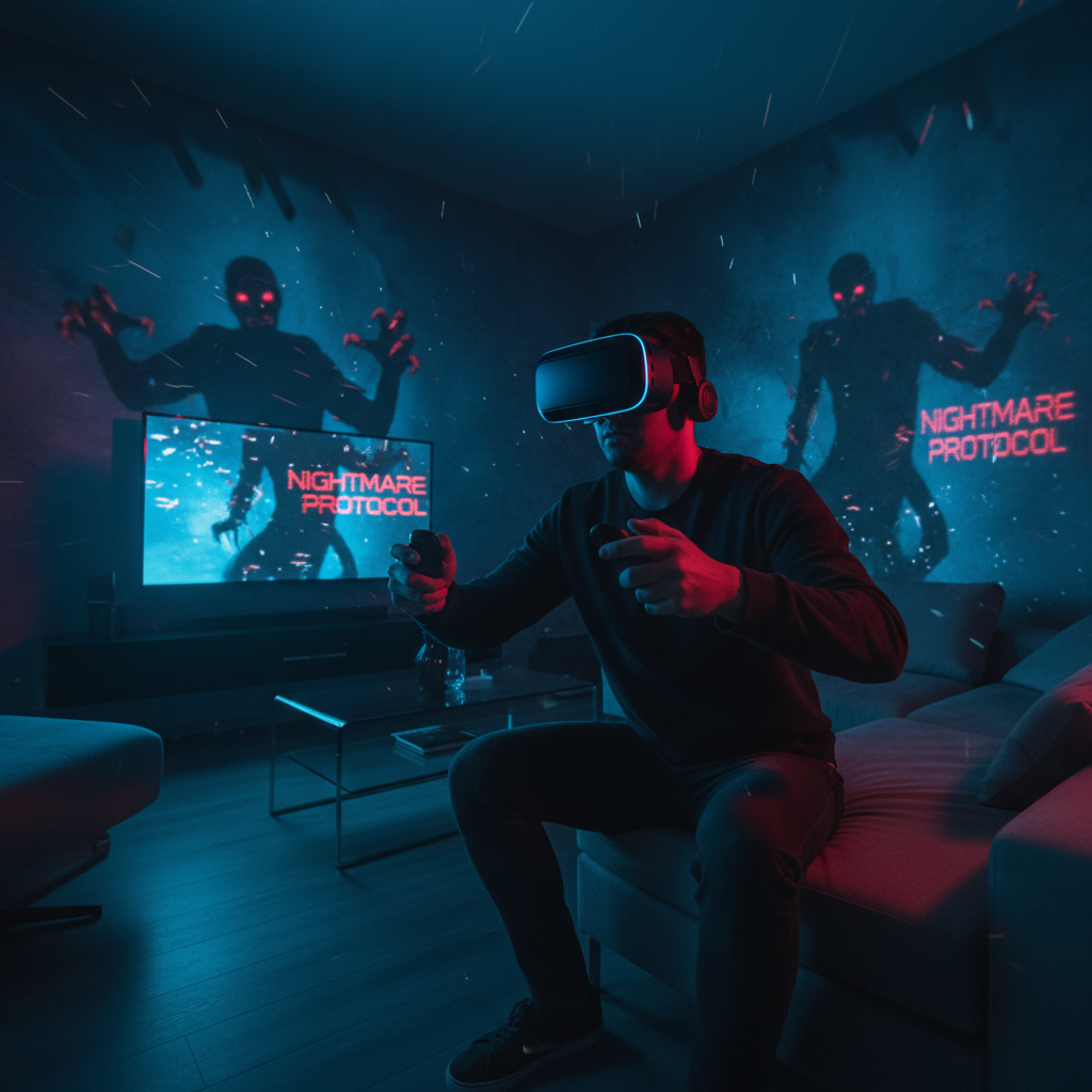 Player wearing a VR headset in a dark horror game room with eerie lighting