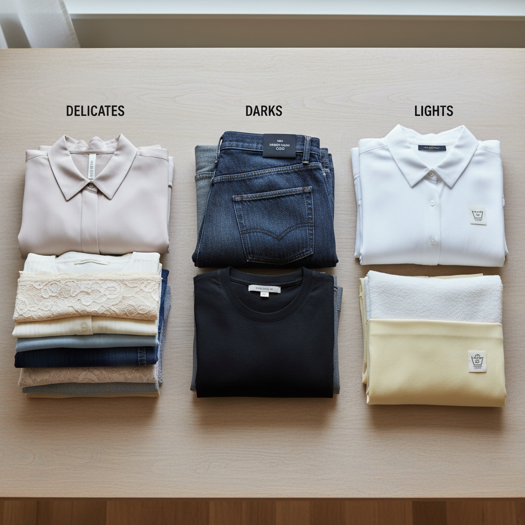 Sorting clothes for hand wash by fabric type and color on a table