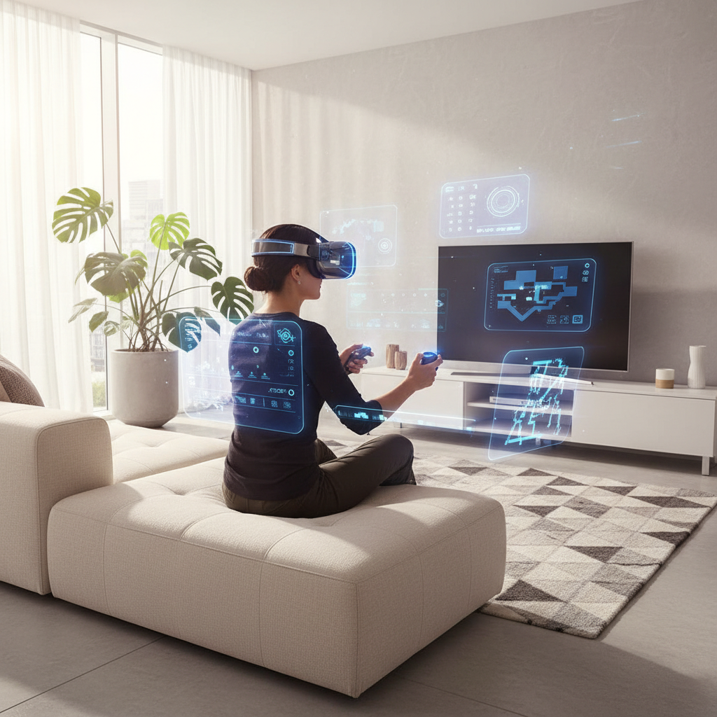 VR gamer using a mixed reality headset in a modern living room setup