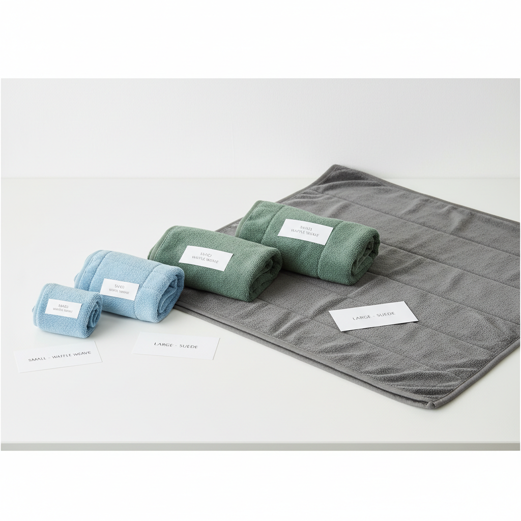 Comparison of travel towel sizes and weave types on a clean tabletop