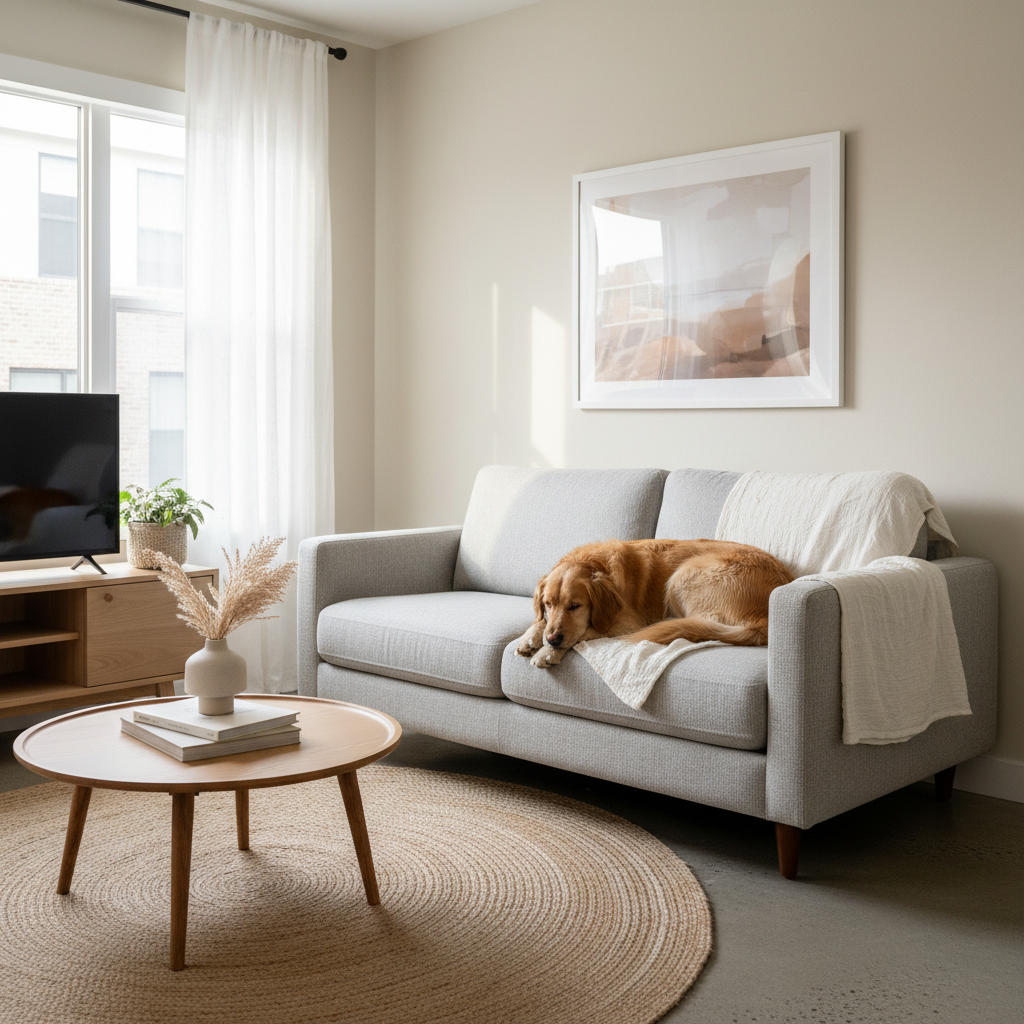 Small apartment living room with a compact pet friendly couch and a dog