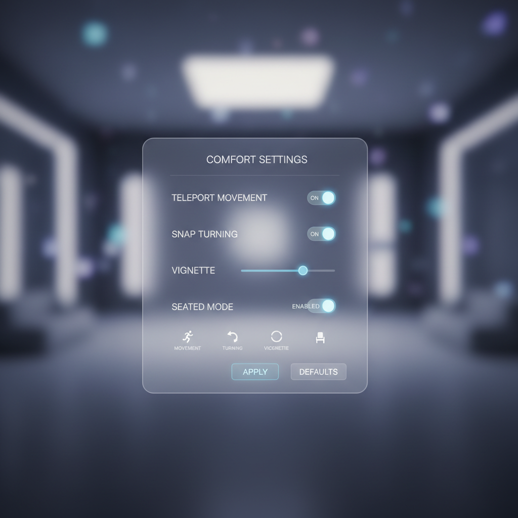 VR comfort settings menu showing teleport movement and snap turning for relaxation
