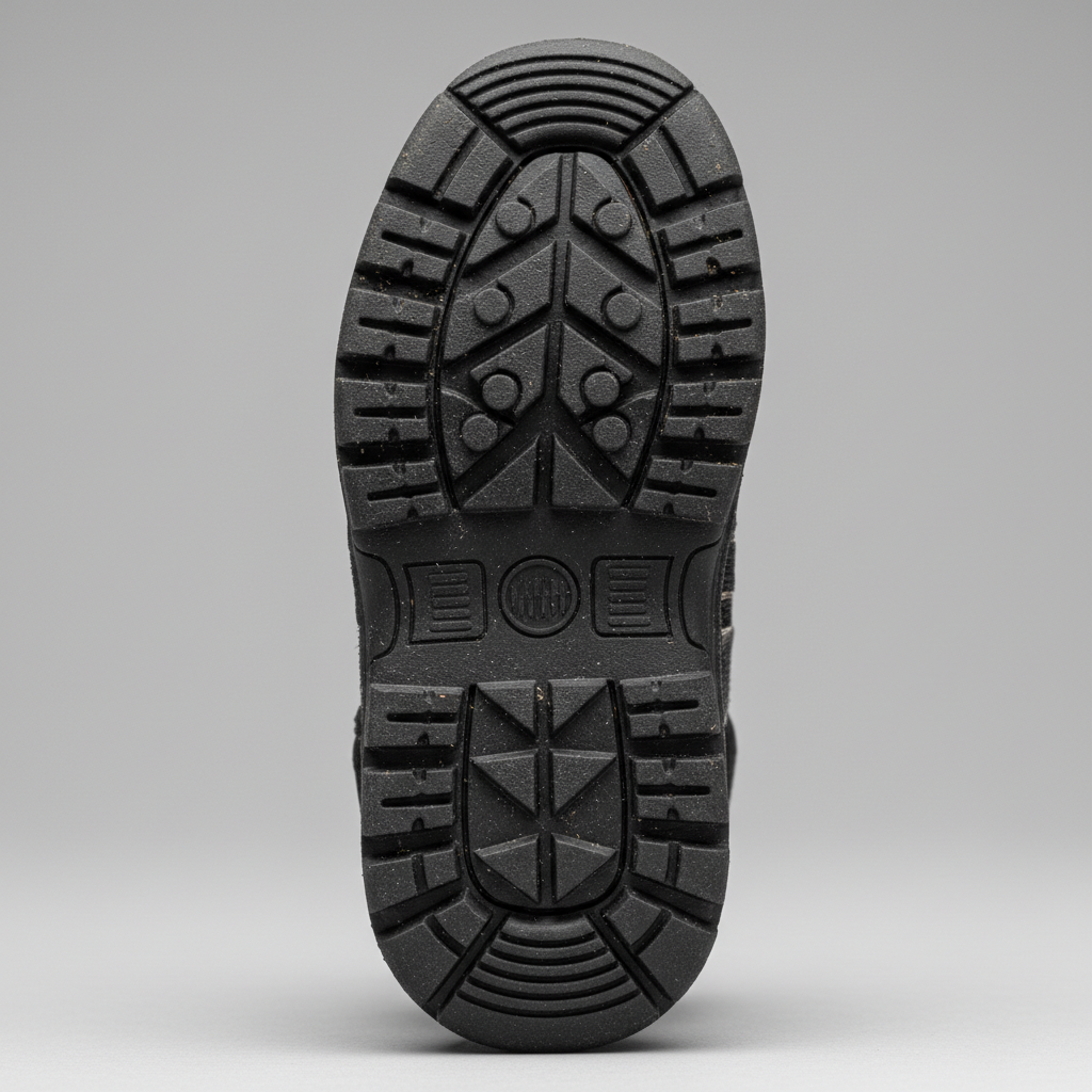Close-up of dog boot tread pattern designed for traction on asphalt