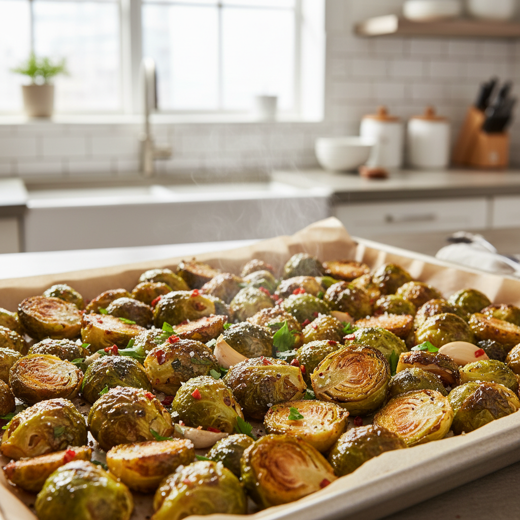 Golden crispy Brussels sprouts on a sheet pan with browned edges