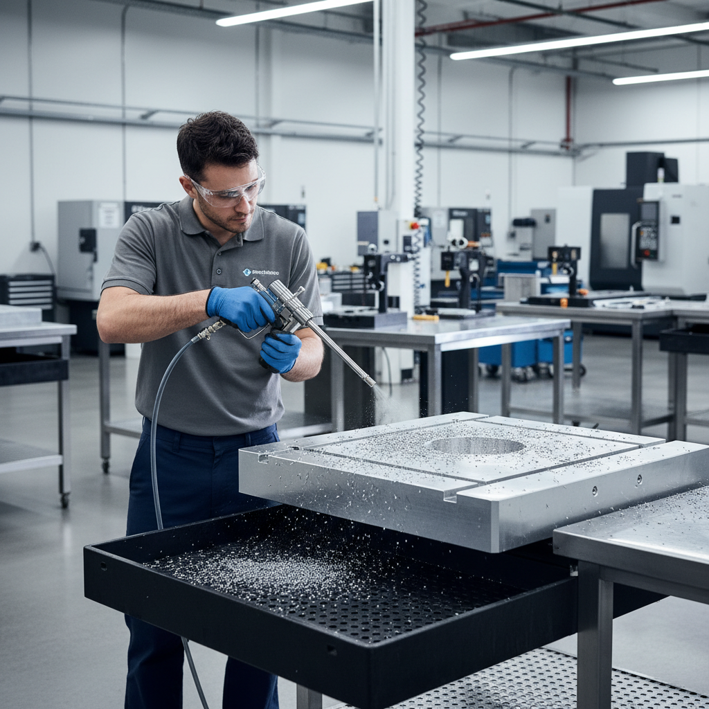 Using an air blow gun with short bursts to clean metal chips off a machine fixture