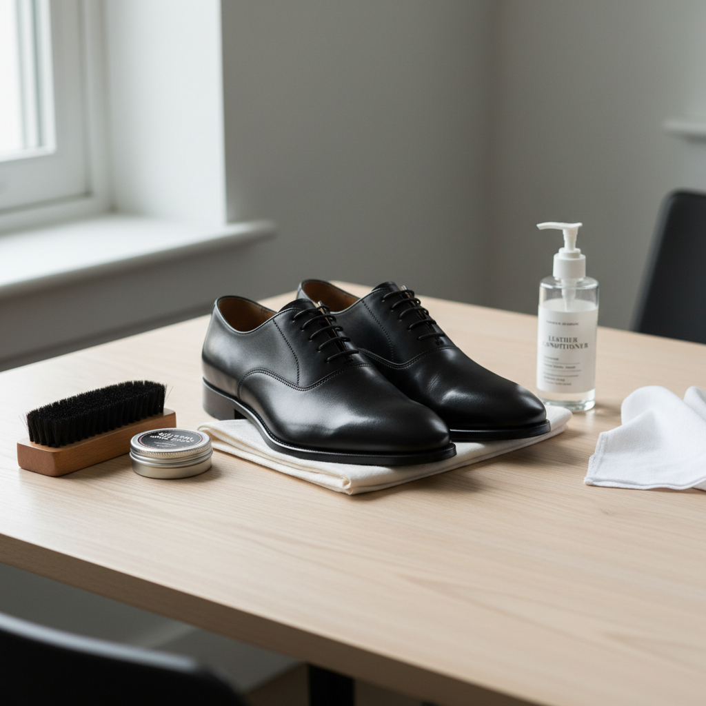 At-home shoe shining setup with brush, cloth, and polish on a table
