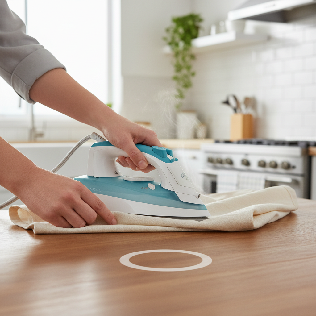 Using a low-heat iron over a cloth to lift a white water ring from a wood table