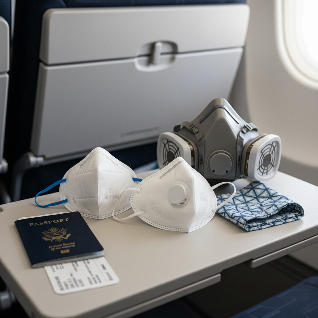 Comparison of airplane face mask types laid out on a travel tray table