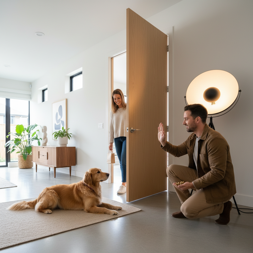 Dog relaxing on a training mat while guest enters