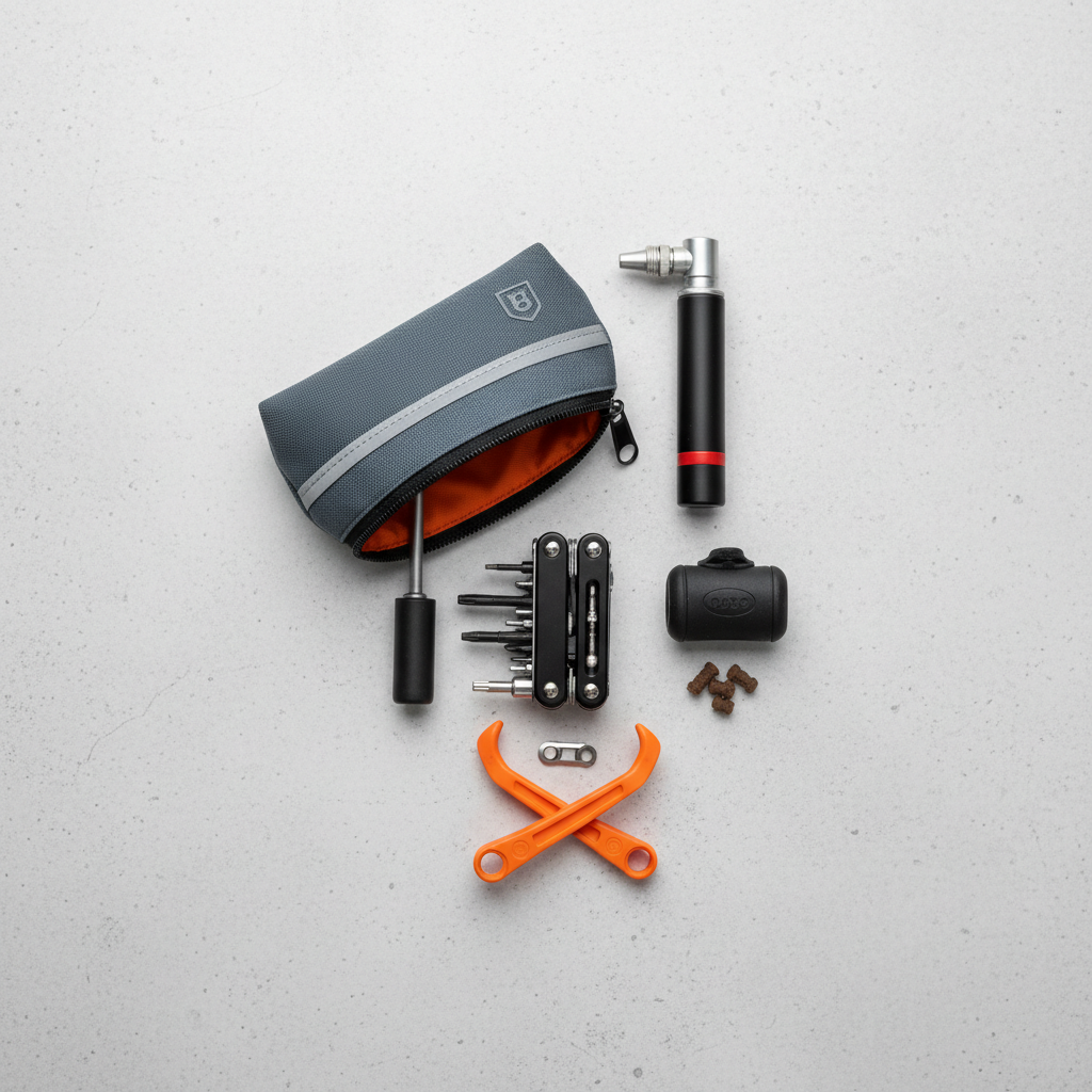Travel bike repair kit with multi tool, tubeless plugs, quick link, CO2 and mini pump neatly arranged