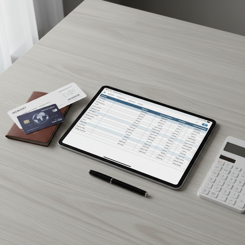 Travel budget planning with spreadsheet, credit card points, and boarding pass