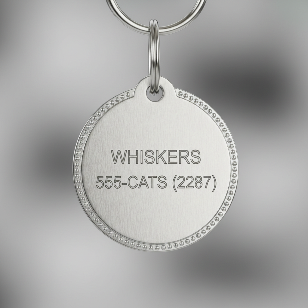 Close-up of engraved cat ID tag showing clear text and phone number