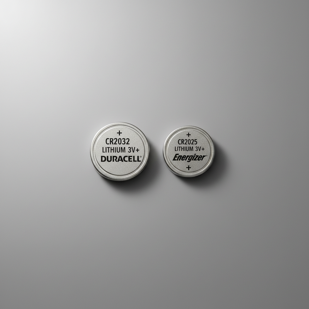 Close-up of CR2032 and CR2025 coin cell size comparison for key fobs