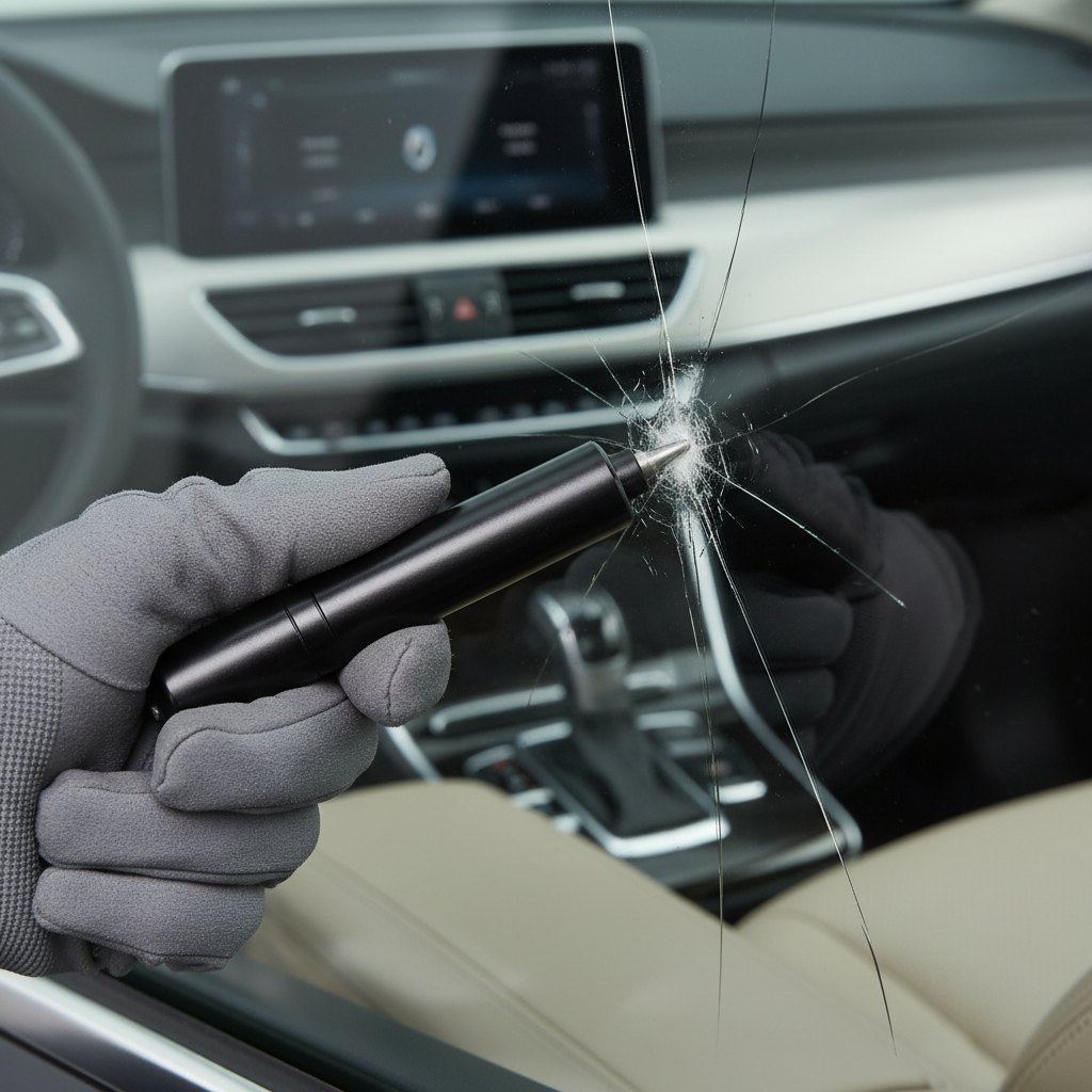Close-up of tempered car side window being struck with a spring-loaded window punch tool
