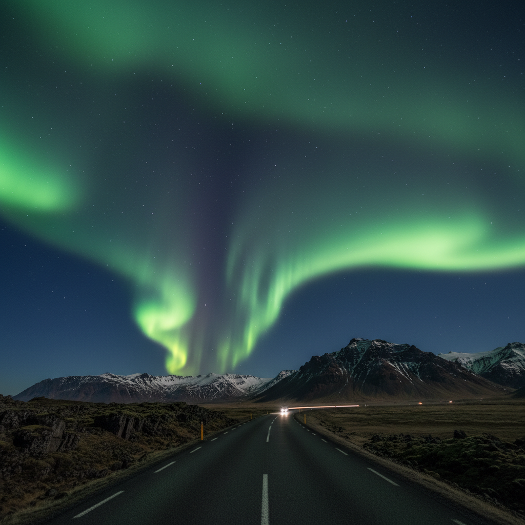 Northern lights over an Icelandic road with mountains and a clear sky