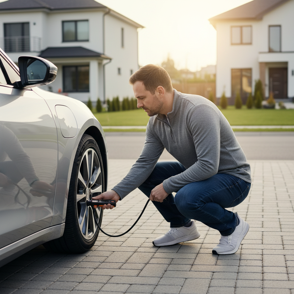 Driver checking tire pressure with a handheld gauge at home
