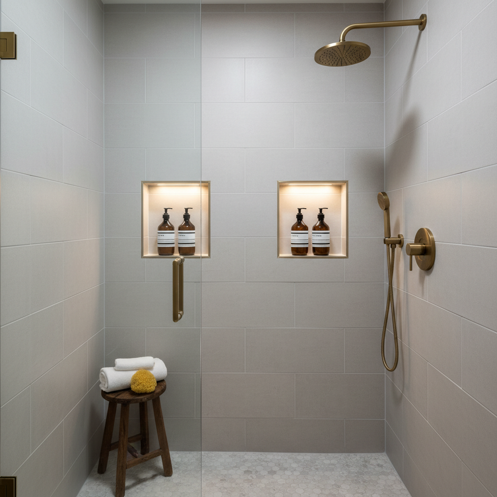 Minimalist small bathroom shower with matching bottles and wall niches
