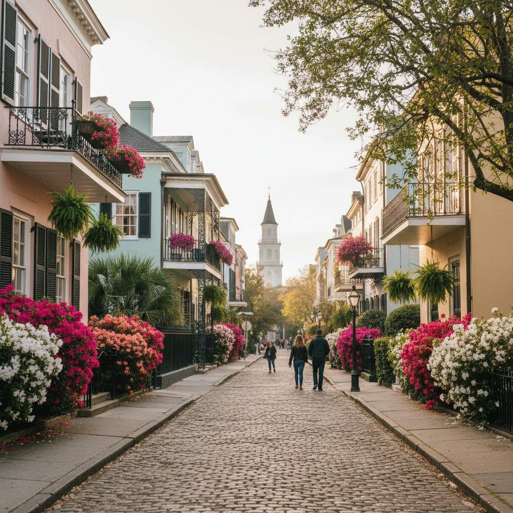 Charleston spring streetscape with pastel buildings and blooming flowers
