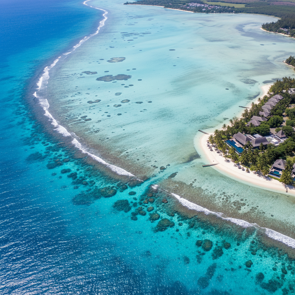 Aerial view of Mauritius lagoon and beach resorts for trip planning