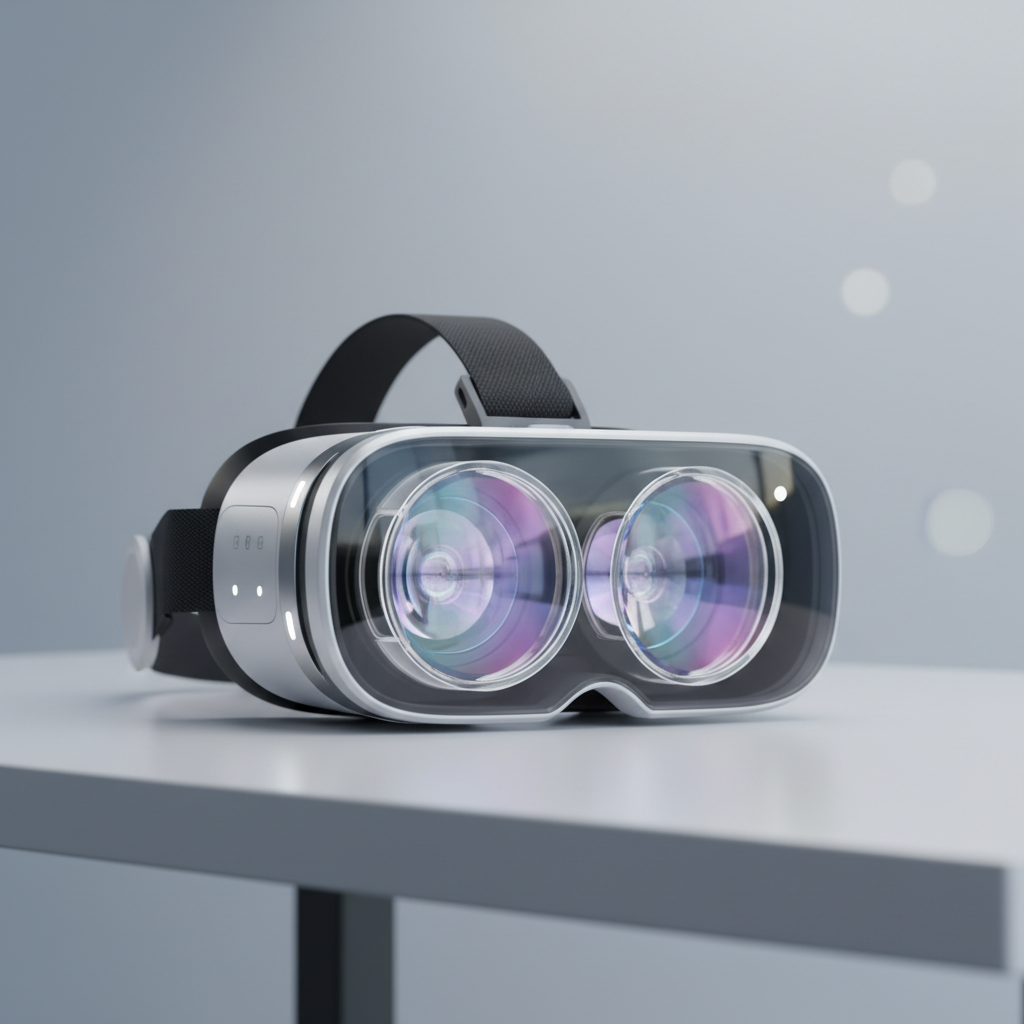 Close-up of VR headset lenses and display optics on a desk